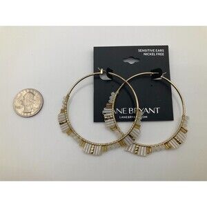 LANE BRYANT Gold Tone Hoop Earrings w/ White & Gold  Plastic Beaded Accents NWT
